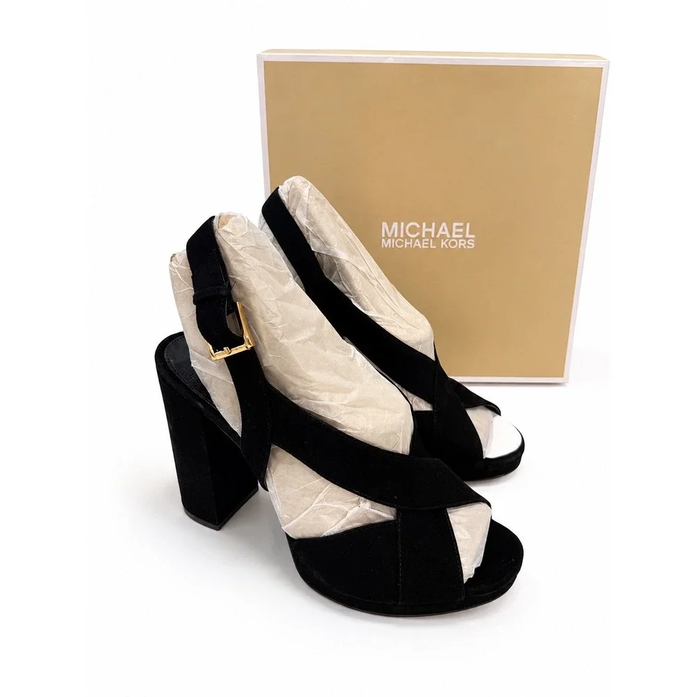 Michael Kors Becky Black Suede Platform Heel Slingback Sandals 8M NIB